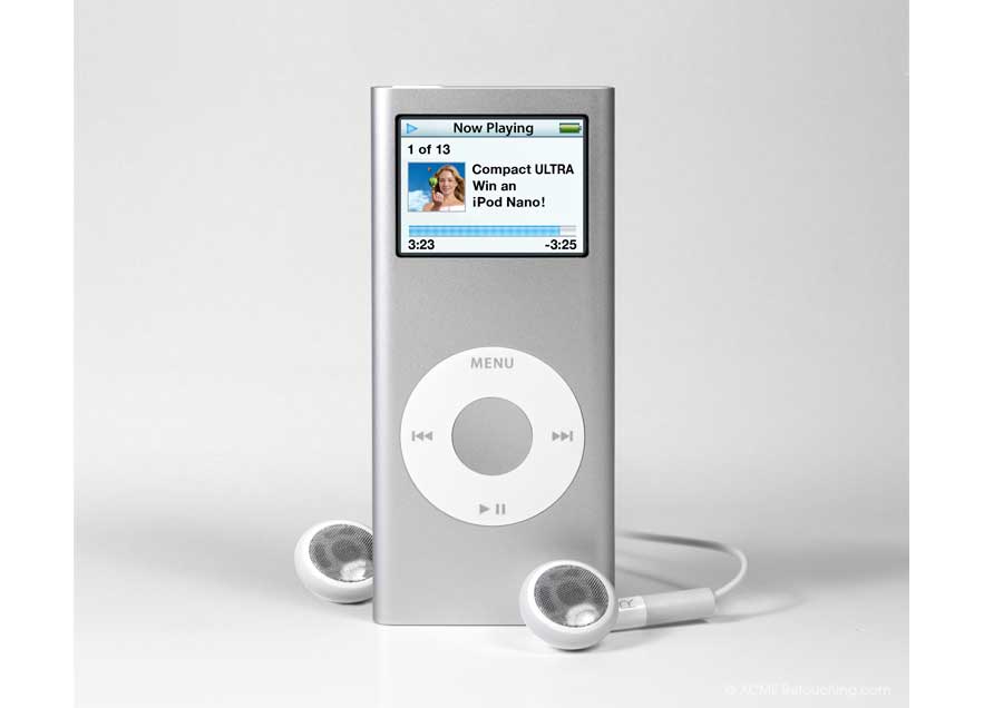 Photo of iPod Nano retouched to correct hues, values, perspective distortion, replace screen content, add ear bud and clean up background.
